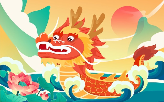 Corrida de barcos-dragão na água durante o dragon boat festival com montanhas e ondas