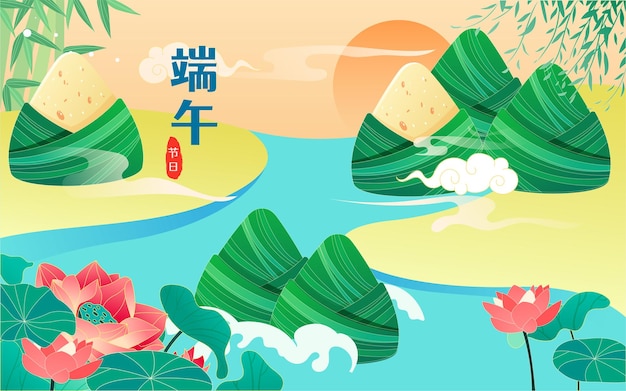 Corrida de barcos-dragão no Dragon Boat Festival com bolinhos de arroz e flores de lótus ao fundo