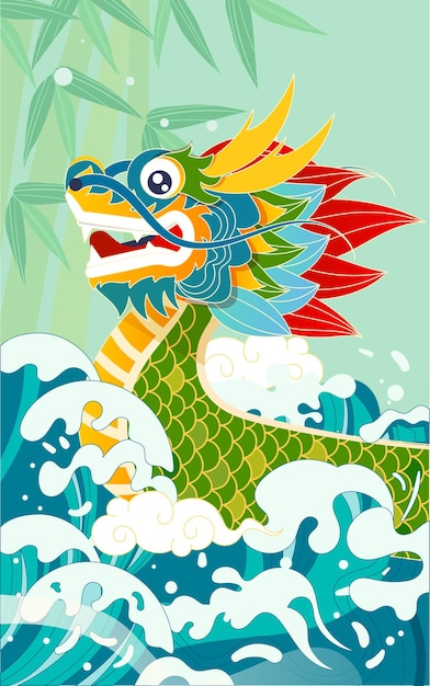 Corrida de barcos-dragão no rio no Dragon Boat Festival com ondas e zongzi ao fundo