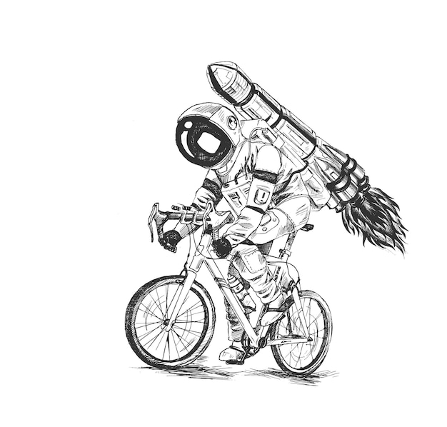 Corrida de bicicleta futurista de astronauta com foguete de fogo ilustração vetorial de desenho desenhado à mão