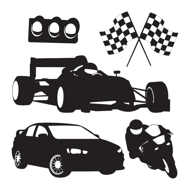 Corridas de carros e silhueta de coleção de corridas de motos sobre o tema da competição de alta velocidade