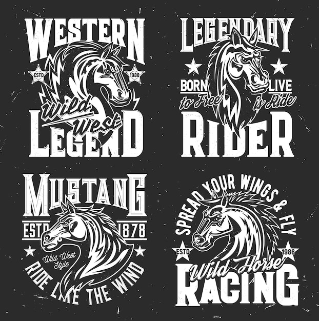 Corridas de cavalos, grunge do clube de esporte equestre. corrida de cavalos selvagens e passeios de mustang, citações de born to be free e life is ride.