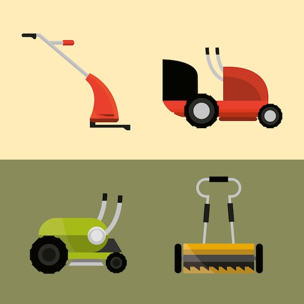 Vetor cortadores de grama, máquinas-ferramentas, diferentes tipos de ilustração de ícones