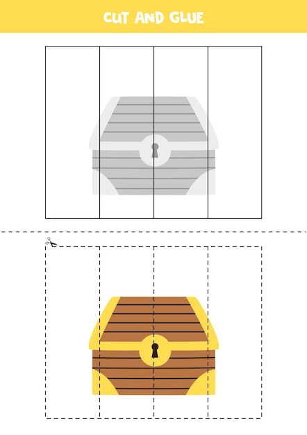 Cortar e colar jogo para crianças baú do tesouro dos desenhos animados