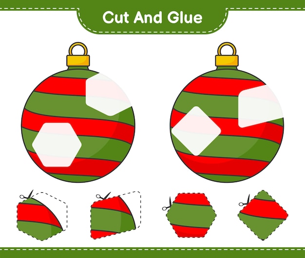 Cortar e colar partes cortadas da bola de natal e colá-las planilha para impressão de jogos educativos para crianças
