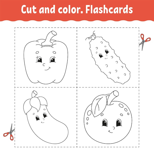 Cortar e colorir flashcard set livro de colorir para crianças tema de comida personagem de desenho bonito silhueta de contorno preto