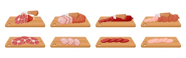 Vetor cortar joelho de porco linguiça cozida e defumada carne de porco cozida uma faca corta carne em uma tábua de madeira pedaços de carne e linguiça fatiados estilo cartoon plana ilustração vetorial isolada em branco