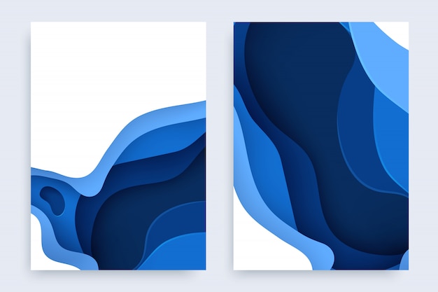 Corte de papel conjunto com lodo 3d abstrato e camadas de ondas azuis