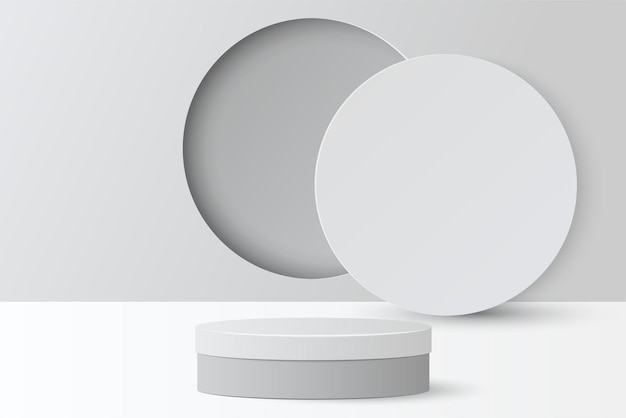 Corte de papel de cena mínima com pódio de cilindro branco e cinza em fundo cinza Apresentação do produto mock up show cosmético ilustração vetorial