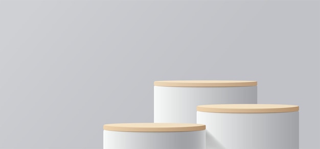 Corte de papel de cena mínima com pódio de cilindro de madeira em fundo cinza Apresentação do produto mock up show cosmético ilustração vetorial