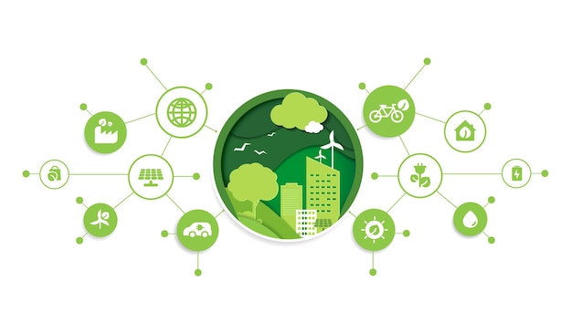 Corte de papel de eco-tecnologia ou cidade verde moderna de conceito de tecnologia ambiental e folha de planta crescendo dentro. Estilo de vida urbano ecológico com ícones na conexão de rede. desenho vetorial.