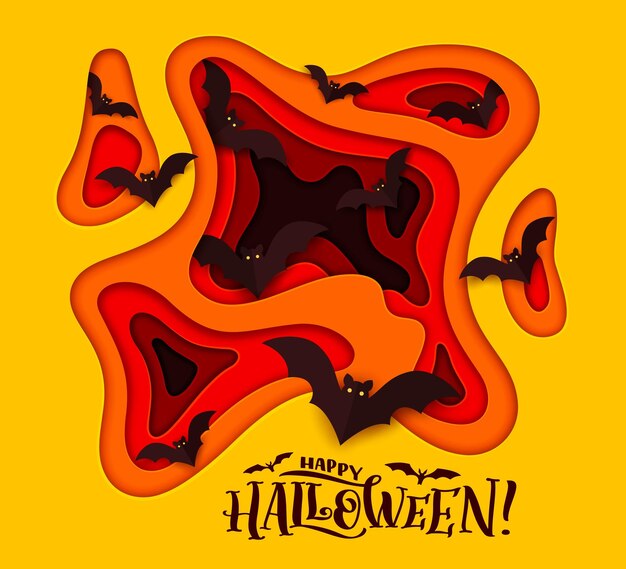 Vetor corte de papel de halloween morcegos voadores horror noite feriado e festa assustador fundo vetor feliz cartão de saudação de halloween e cartaz de doces ou travessuras com morcegos pretos voadores e corte de papel laranja de boo mal