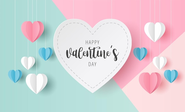 Corte de papel do texto do Dia dos Namorados feliz no coração branco com forma de coração de papel origami