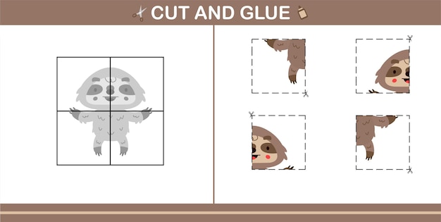 Corte e cola de preguiça fofa, jogo educativo para crianças de 5 e 10 anos de idade
