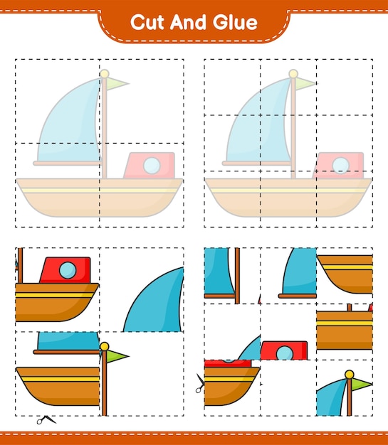 Corte e cole as partes cortadas do barco e cole-as. Planilha para impressão do jogo educativo infantil