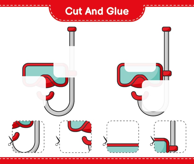 Corte e cole, corte partes da máscara de mergulho e cole-as. jogo educativo para crianças, planilha para impressão, ilustração vetorial