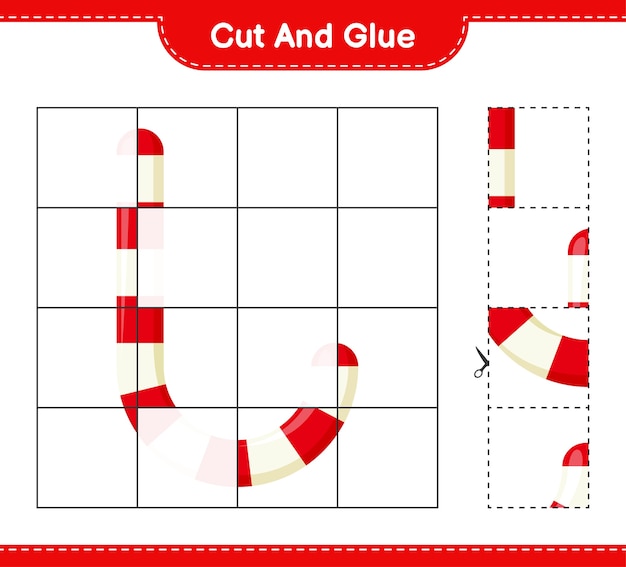 Corte e cole, corte partes de Candy Canes e cole-as. Jogo educativo para crianças, planilha para impressão