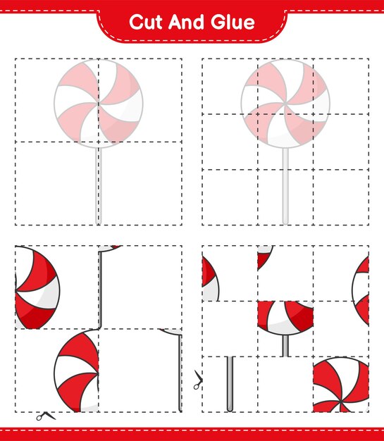 Corte e cole, corte partes de candy e cole-as. jogo educativo para crianças, planilha para impressão, ilustração vetorial