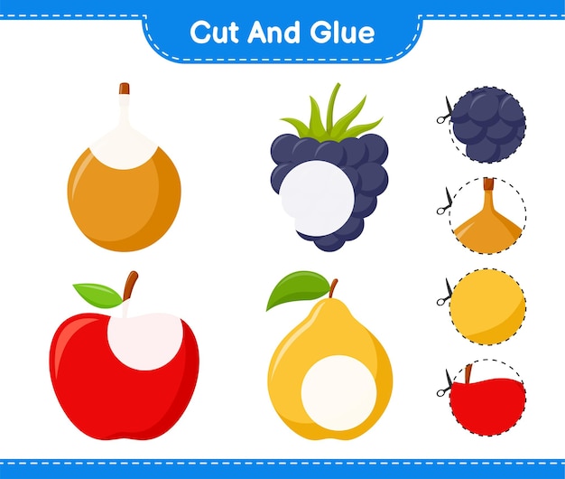 Corte e cole, corte partes de frutas e cole-as. jogo educativo para crianças, planilha para impressão