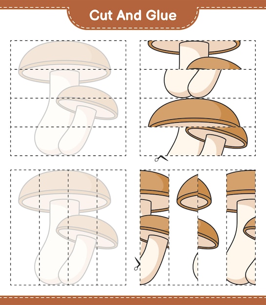 Corte e cole, corte partes de shiitake e cole-as. jogo educativo para crianças, planilha para impressão, ilustração vetorial