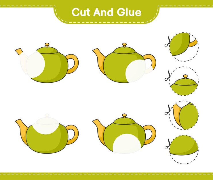 Vetor corte e cole, corte partes do bule e cole-as. jogo educativo para crianças, planilha para impressão, ilustração vetorial
