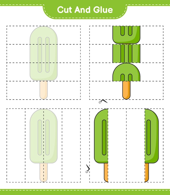 Corte e cole, corte partes do sorvete e cole. jogo educativo para crianças, planilha para impressão, ilustração vetorial
