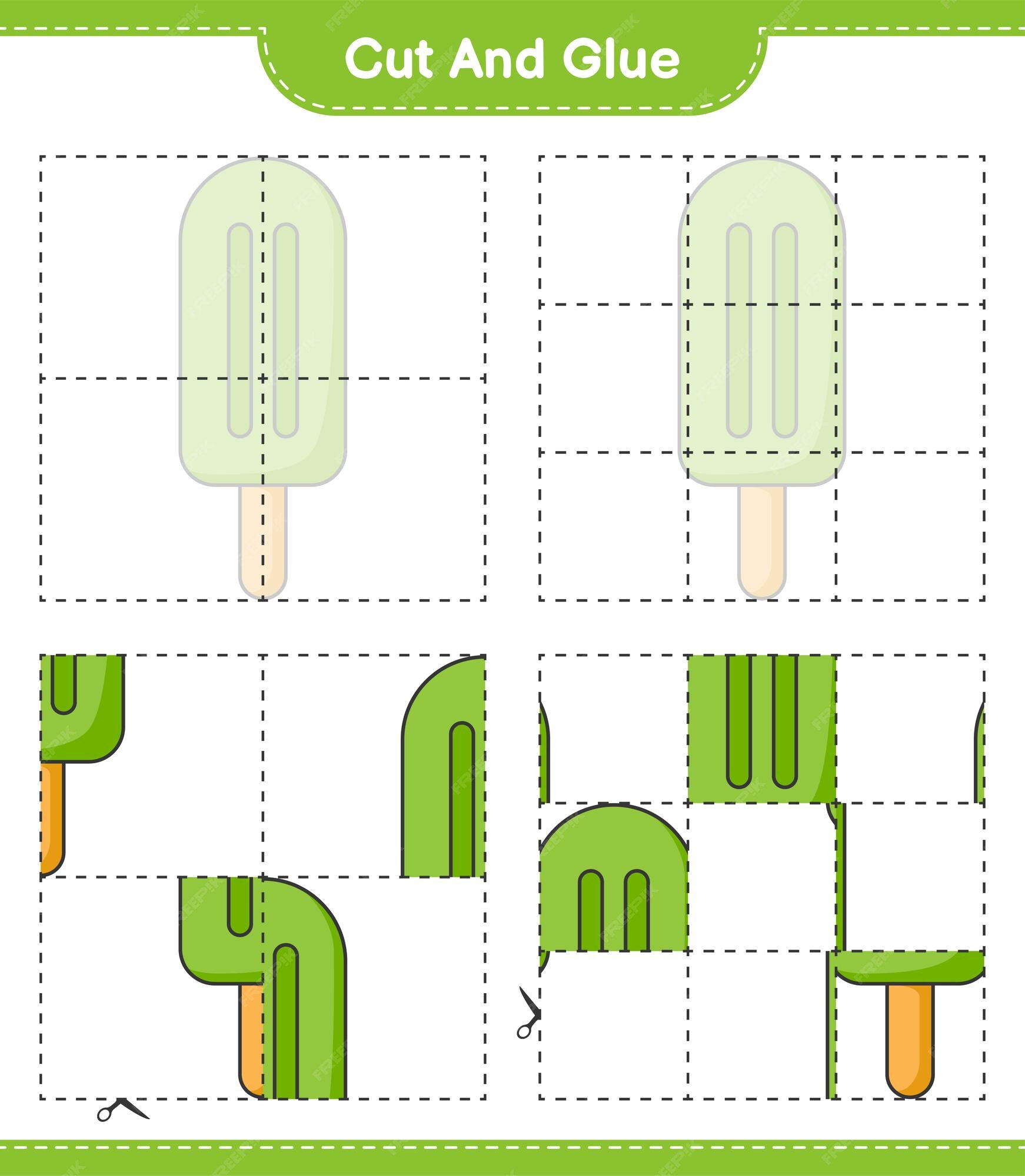 Corte e cole, corte partes do sorvete e cole. jogo educativo para crianças,  planilha para impressão, ilustração vetorial