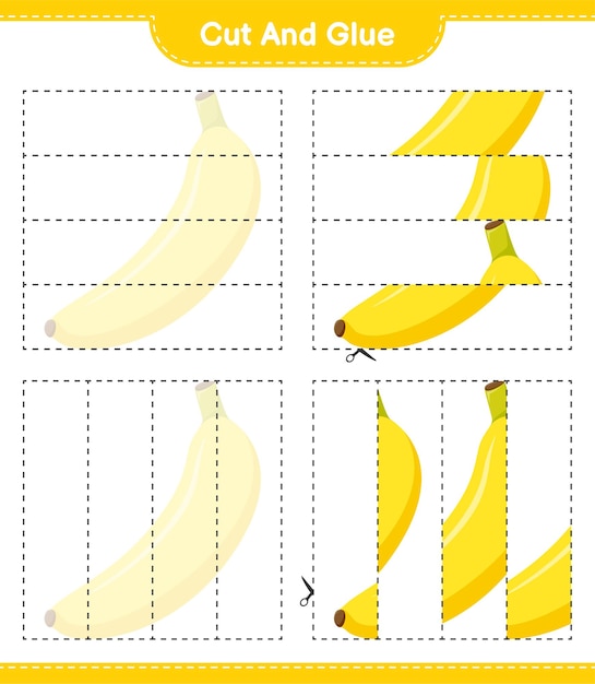 Corte e cole, corte pedaços de banana e cole-os. jogo educativo para crianças, planilha para impressão