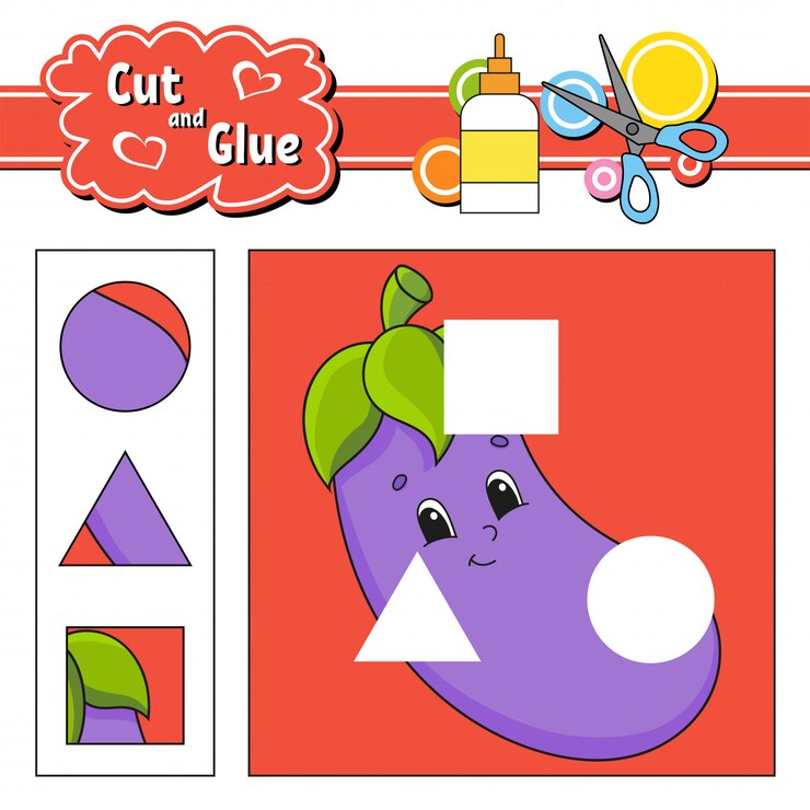 Vetor corte e cole. jogo para crianças. planilha de desenvolvimento de educação. personagem de desenho animado de berinjela.