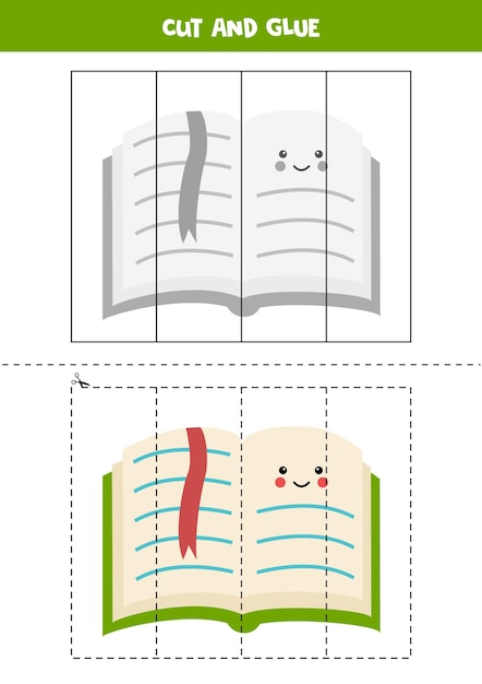 Vetor corte e cole o jogo para crianças. livro verde fofo.