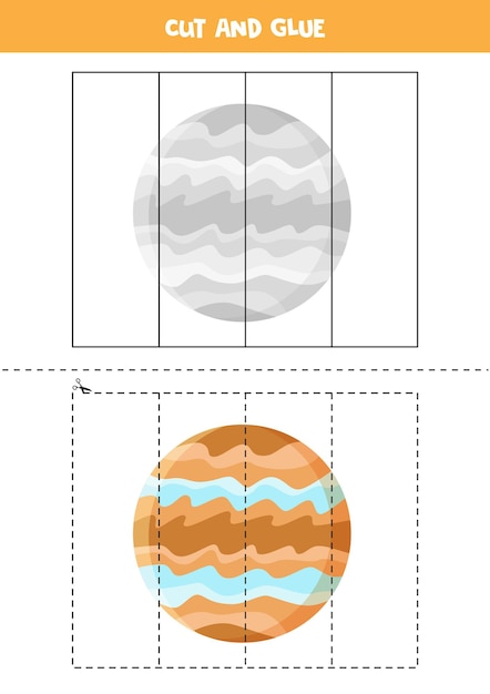 Corte e cole o jogo para crianças. planeta júpiter dos desenhos animados. prática de corte para pré-escolares. planilha educacional para crianças.