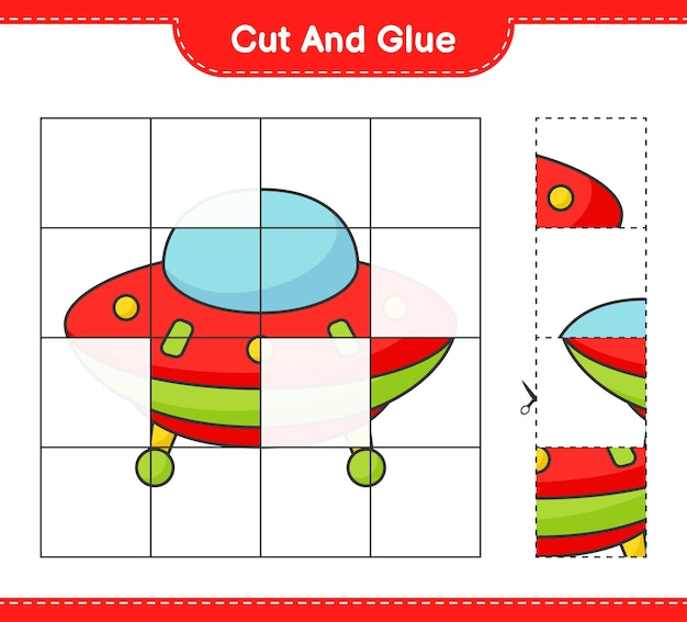 Corte e cole partes cortadas de ovnis e cole-as. planilha para impressão do jogo educativo infantil