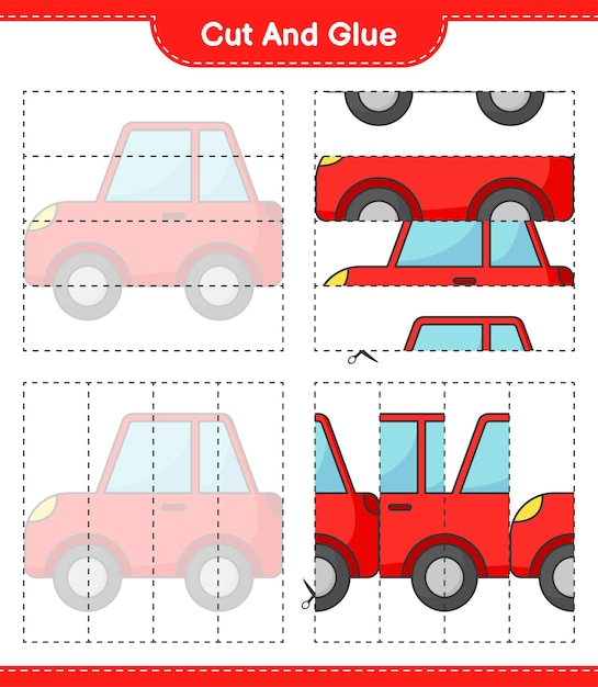 Vetor corte e cole partes cortadas do carro e cole-as. planilha para impressão do jogo educativo infantil