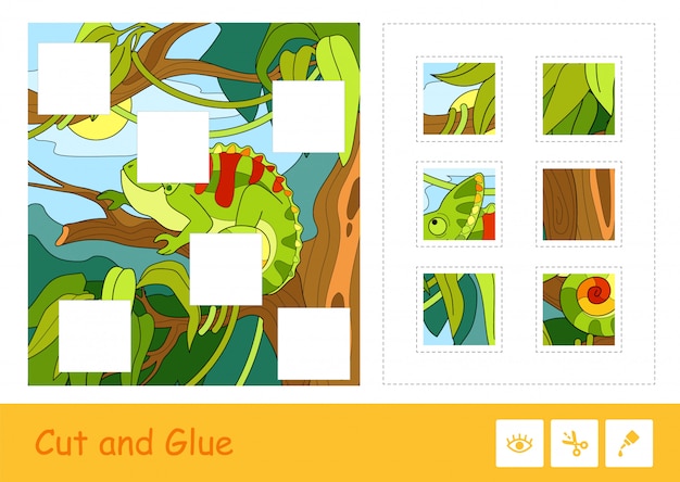 Corte e cole quebra-cabeça, aprendendo o jogo das crianças com imagem colorida de camaleão bonito, sentado em uma árvore em uma floresta tropical. atividade educacional relacionada a animais para crianças.