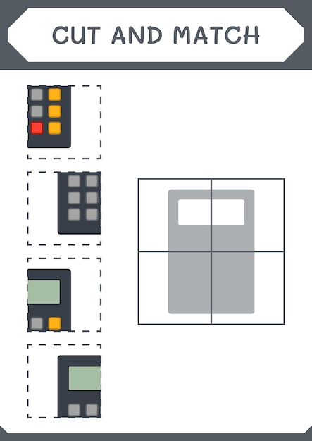 Corte e combine partes do jogo calculadora para crianças planilha imprimível de ilustração vetorial
