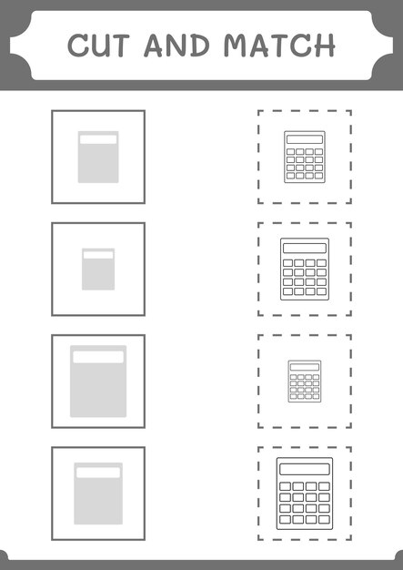 Corte e combine partes do jogo calculadora para crianças planilha imprimível de ilustração vetorial