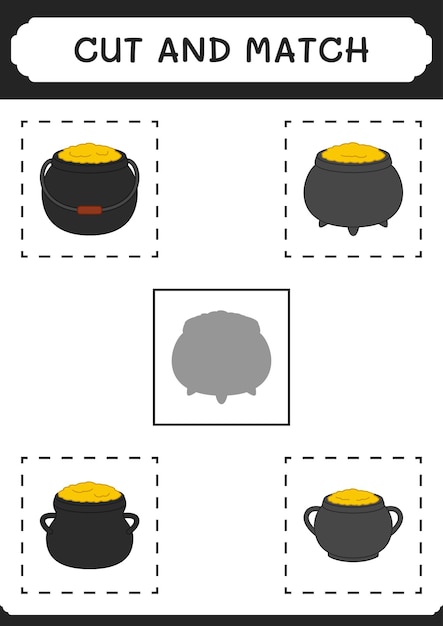 Corte e combine partes do jogo Caldeirão para crianças Planilha imprimível de ilustração vetorial