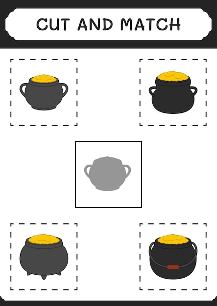 Corte e combine partes do jogo caldeirão para crianças planilha imprimível de ilustração vetorial