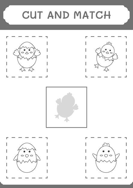Corte e combine partes do jogo chick para crianças planilha imprimível de ilustração vetorial
