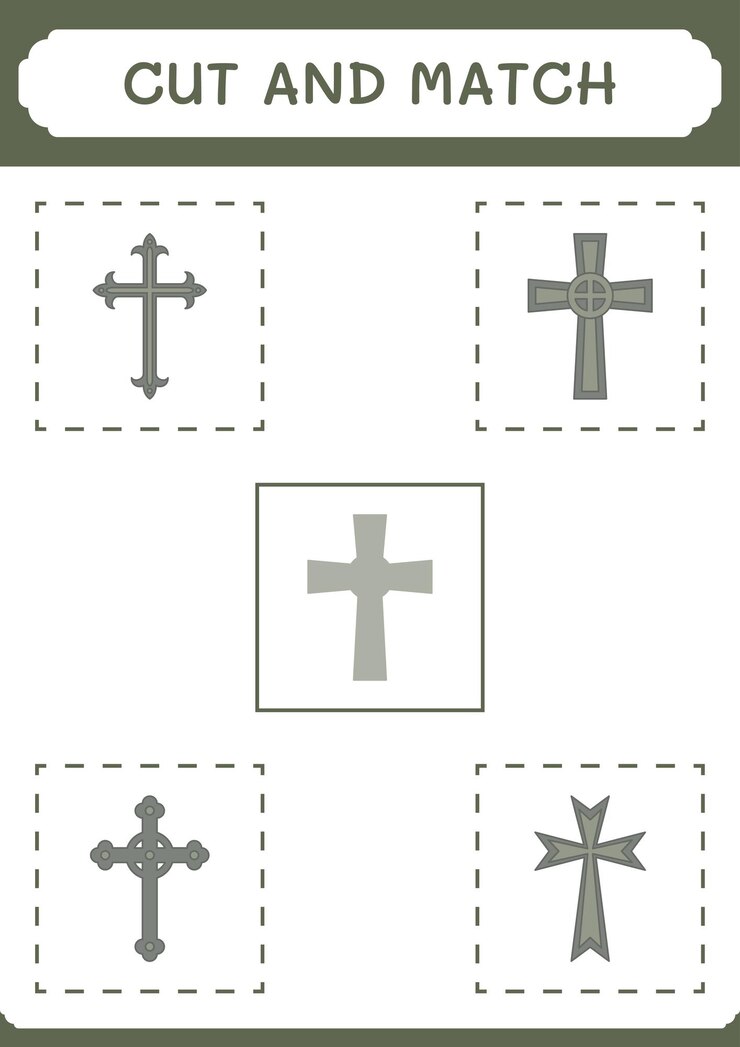 Corte e combine partes do jogo cruzado cristão para crianças Planilha imprimível de ilustração vetorial