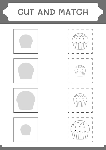 Corte e combine partes do jogo cupcake para crianças planilha imprimível de ilustração vetorial