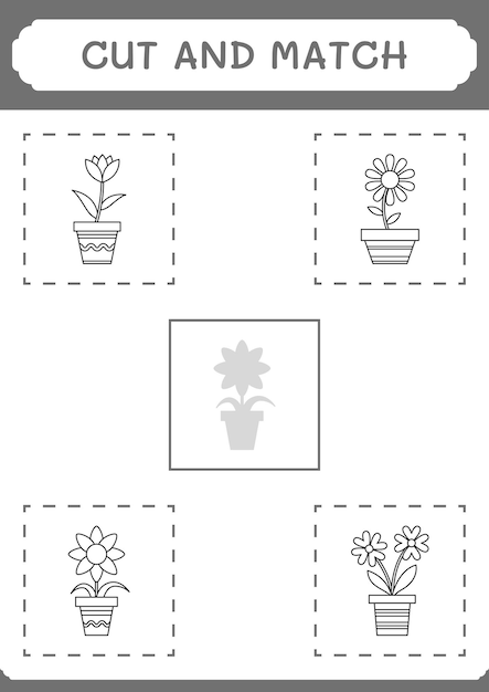 Corte e combine partes do jogo de flores para crianças planilha imprimível de ilustração vetorial