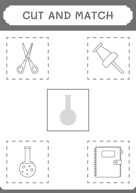 Corte e combine partes do jogo de frasco de química para crianças planilha imprimível de ilustração vetorial