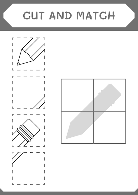 Corte e combine partes do jogo de lápis para crianças planilha imprimível de ilustração vetorial