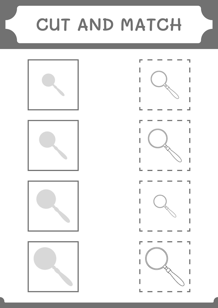 Corte e combine partes do jogo de lupa para crianças planilha imprimível de ilustração vetorial