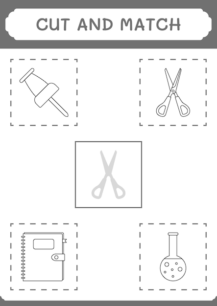 Corte e combine partes do jogo de tesoura para crianças Planilha imprimível de ilustração vetorial