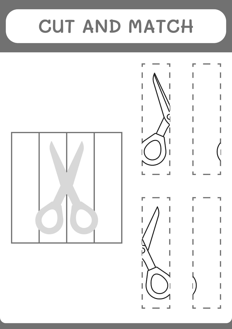 Vetor corte e combine partes do jogo de tesoura para crianças planilha imprimível de ilustração vetorial