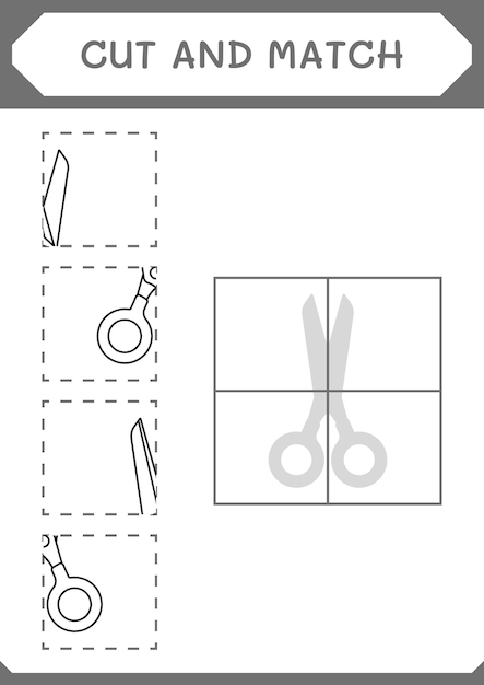 Corte e combine partes do jogo de tesoura para crianças planilha imprimível de ilustração vetorial