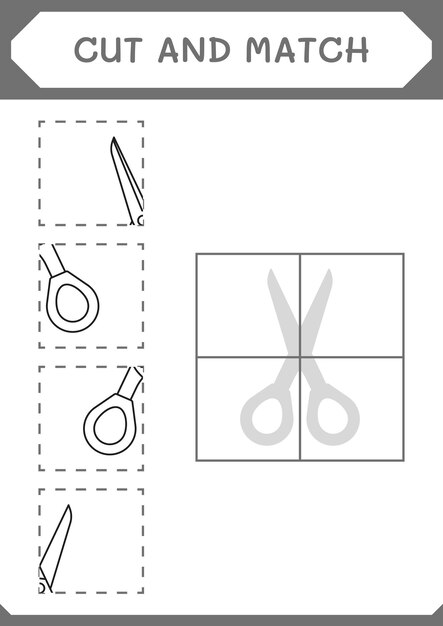 Corte e combine partes do jogo de tesoura para crianças planilha imprimível de ilustração vetorial