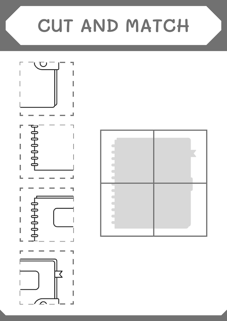 Corte e combine partes do jogo notebook para crianças planilha imprimível de ilustração vetorial